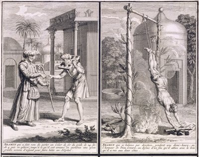Een brahmaan die een ijzeren kraag draagt om geld in te zamelen voor een ziekenhuis en een brahmaan die boven een vuur hangt in devotie, illustraties uit 
